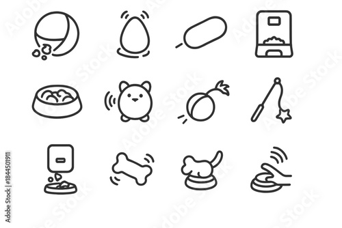 Interactive Pet Gadgets. Interactive Pet Gadgets linear set: treat-dispensing ball, motion toy, laser chaser, smart feeder, puzzle bowl, voice-activated toy, rolling teaser, sensor