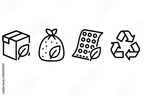 Eco Packaging Icons. Eco-Friendly Packaging Concepts linear set: biodegradable-box tile, compostable-wrap bead, recycled-material node.