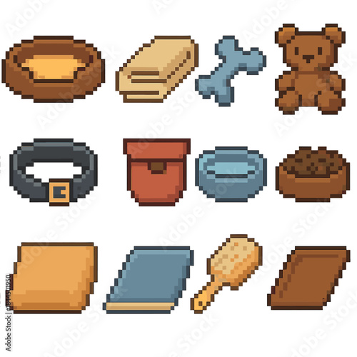 Pet Comfort Icons. Pet Comfort Items set of icons in flat pixel vector style: cozy bed, soft blanket, chew toy, plush animal, calming collar, treat pouch, water bowl, food dish,