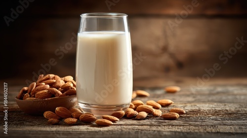 Glass of almond milk and scattered almonds on a wooden surface