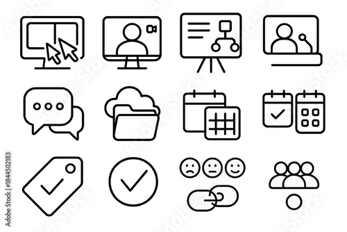 Collaborative Tech Icons. Collaborative Tech Use linear set: shared screen, co-edit cursor pair, video call silhouette, digital whiteboard, group chat bubbles, cloud workspace