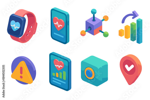 Digital Health Icons. Digital health connectivity flat isometric set: wearable tracker, smartphone health app tile, remote monitor node, data sync bar, alert notification icon,
