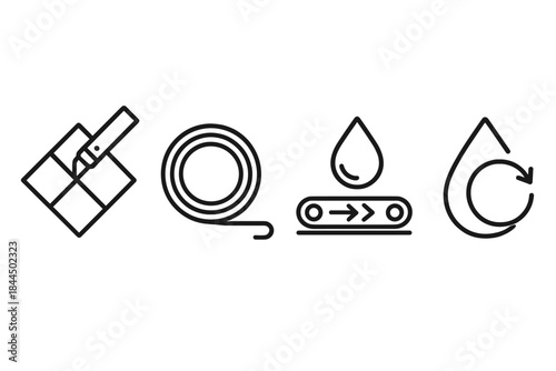 Efficient Material Icons. Efficient Material Practices linear set: precise-cut tile, low-loss coil, streamlined-process droplet.