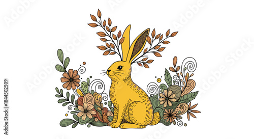 Whimsical illustration of a yellow fantasy rabbit with branch-like antlers sitting among stylized doodle flowers and leaves.