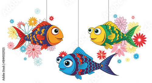 An adorable illustration of three colorful cartoon fish with expressive, happy faces hanging amidst stylized flowers and blossoms.