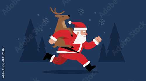 Santa Claus is late for the holiday and runs very fast through the snowy forest with a reindeer on his shoulders