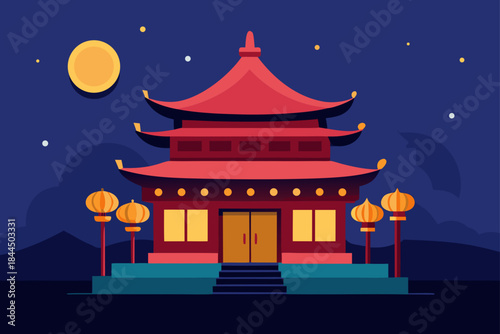 Traditional asian pagoda building illuminated at night with lanterns and full moon