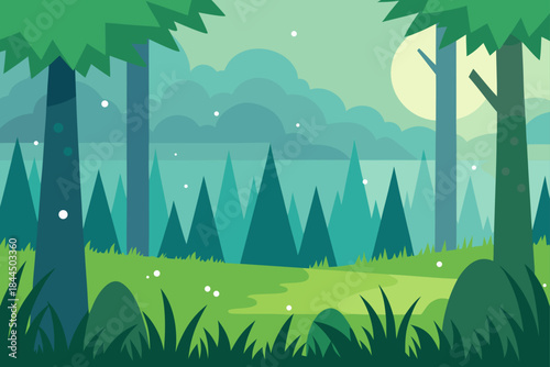 Stylized flat design forest landscape with greenery and moon