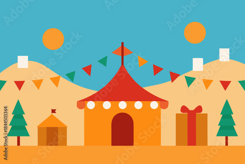 Flat design circus tent with bunting and gift box