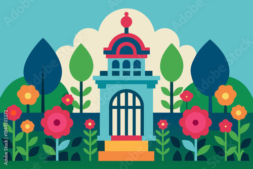 Colorful abstract building surrounded by trees and flowers