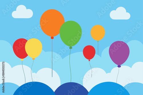 Colorful balloons floating in a bright blue sky with clouds