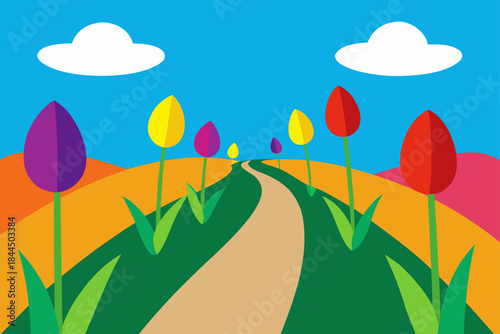 Colorful tulips line a winding path through rolling hills under a blue sky
