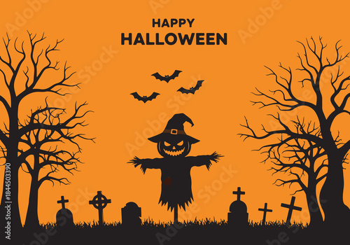 Happy Halloween Scarecrow and Spooky Graveyard Scene.