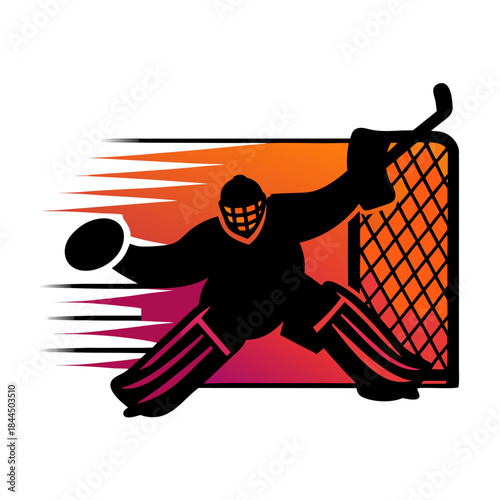 Ice hockey goalie in black silhouette making a save