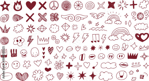 A large collection of hand drawn maroon colored doodle icons and symbols for various purposes isolated on white