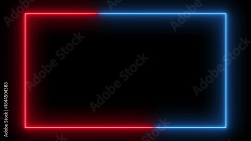 Rectangular frame made of two moving neon lights. A popular abstract background overlay seamless loop. Abstract neon studio background animation concept