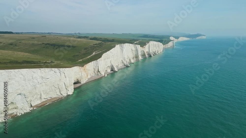 Aerial view over the famous white cliffs of The Seven Sisters Dover, south England.