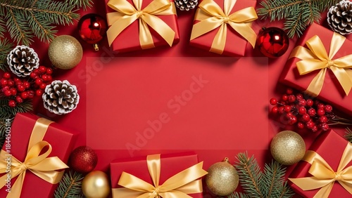 Red Christmas background with gift boxes, ornaments and pine branches forming festive border with copy space


