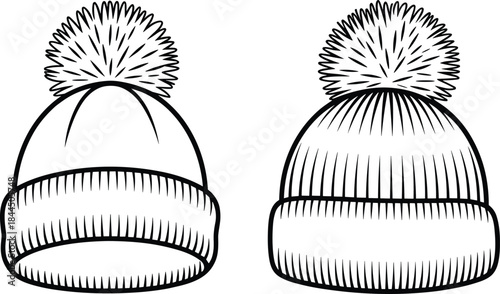 Black and White Line Drawing of Two Bobble Hats with Pom Poms on White Keywords: hat, beanie, winter hat, bobble hat, pom pom