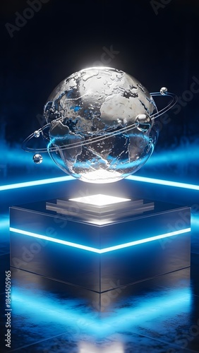 Globe model with modern technology concept, global network and connectivity design, internet and digital abstract. Promoting technology, innovation, and global communication.