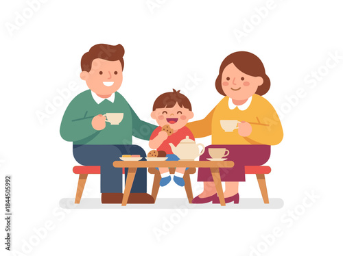 Family Eating Breakfast Together Cartoon Illustration.