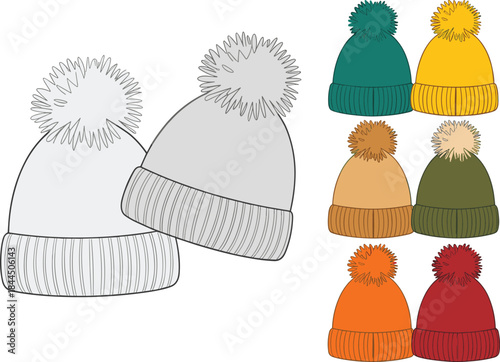 Collection of Colorful Knitted Bobble Hats with Pom Poms and Ribbed Cuffs Keywords: hat, beanie, knitted, pom pom, bobble hat