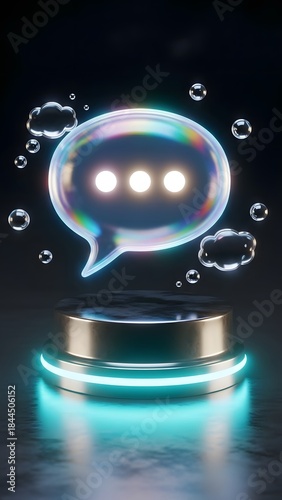 Futuristic digital speech bubble floating on a pedestal with glowing neon lights, communicating ideas. Modern digital art, creative concept for online conversation.