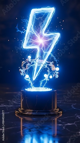 Bright energy lightning bolt sign with dynamic effect in a dark environment. Electric power, energy concept, modern technology, and futuristic background.