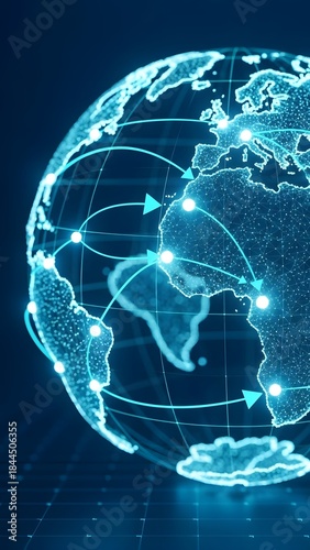 Global digital data flow and connectivity. Illustration of technology and information exchange in the global network with a dark background.