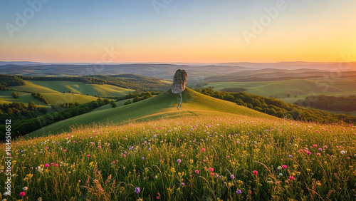 Fototapeta Naklejka Na Ścianę i Meble -  Scenic meadow landscape with wildflowers and sunrise in summer  