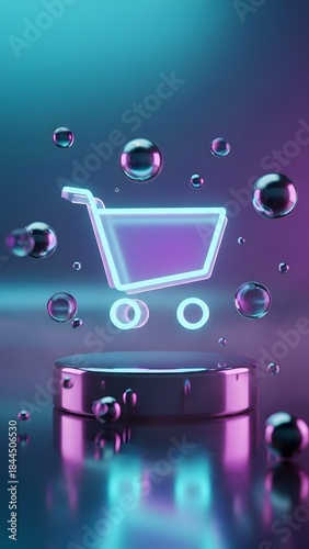 Neon shopping cart icon on stage with bubbles, representing online retail and e-commerce. Futuristic and modern design for digital marketing and sales.