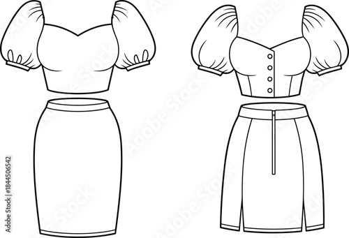 Fashionable Top and Skirt Set Flat Sketch Front and Back Views fashion set clothing set