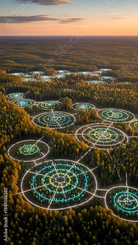 Aerial view of a futuristic eco-city concept integrated into a forest landscape, promoting sustainable living and environmental harmony. Showcasing smart city design. 