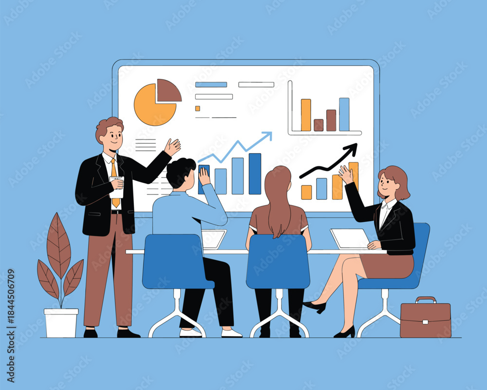 Fototapeta premium Corporate financial data presentation, business team meeting, market analysis and strategic planning.