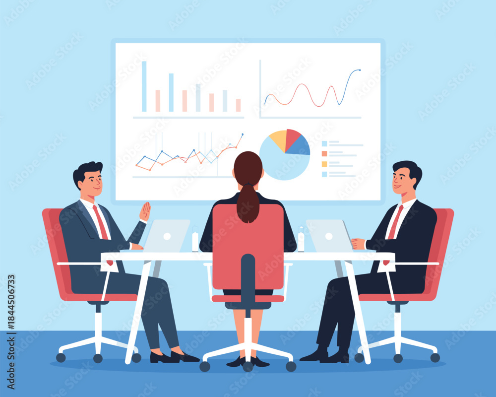 Fototapeta premium Business Professionals Analyzing Data and Strategy During Important Meeting Presentation Vector Illustration