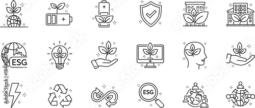ESG sustainability line icons set featuring green energy eco technology environment governance social responsibility outline vector symbols