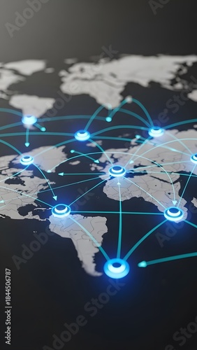 Global network connections concept illustration with blue nodes over world map. Technology and communication, globalization concept.