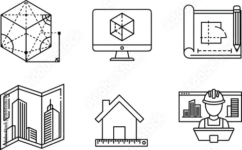 Architecture design line icons set featuring blueprint planning construction engineering drafting real estate outline vector symbols