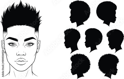 Male hairstyle illustration set with front portrait and side profile silhouettes, modern black vector collection for barber, hair salon, fashion and grooming design