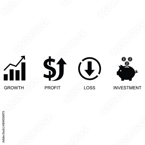 Set of minimalist black and white icons representing key economic metrics like business growth, financial profit, monetary loss, and strategic investment.