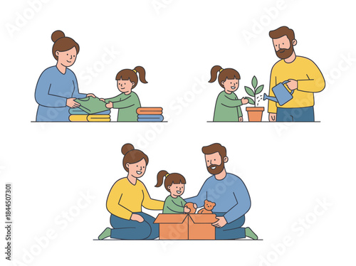 Family Members Unpacking Boxes Together.