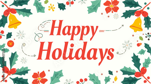 Vector illustration of a whimsical holiday template featuring a happy font style with bold and curly lettering, vibrant colors, and ornate decorations