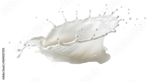 Splash of white liquid with droplets flying through air on plain background
