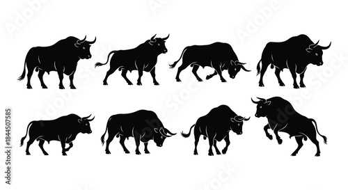 Black silhouettes of bison in various poses and arrangements displayed on white
