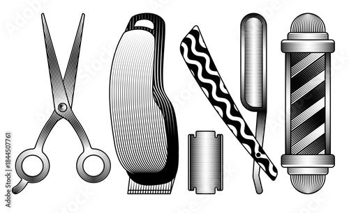 vintage barbershop tools illustration collection featuring scissors electric clipper razor blade and barber pole retro woodcut style black and white hairdressing equipment engraved drawing