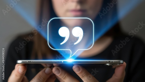 Illuminated bright blue neon quotation mark speech bubble with a glowing outline dynamically projects from a sleek, modern smartphone held in a person’s hands, creating a futuristic and technological