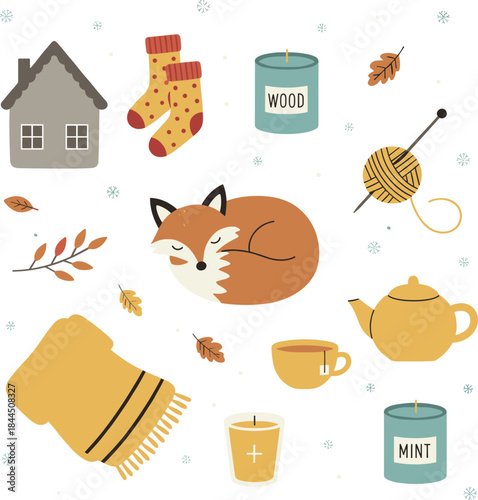 Cozy autumn hygge illustration set with fox, tea, yarn, candles and warm home elements, cute flat vector collection for fall lifestyle design