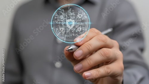 A focused, partially visible person in a gray suit jacket is delicately interacting with a futuristic, glowing circular holographic projection displaying a network of interconnected lines and multiple