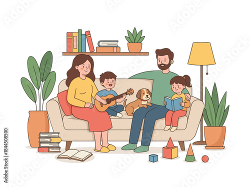 Family Playing Music Together on Sofa.