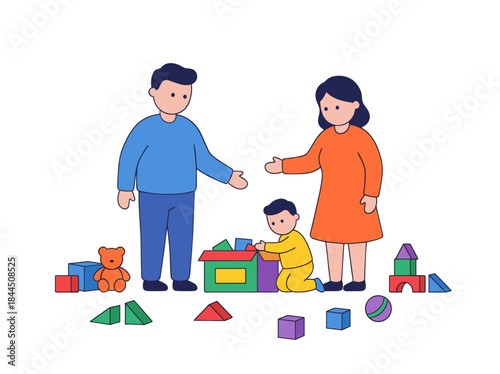 Family Playing Together with Toy Blocks.
